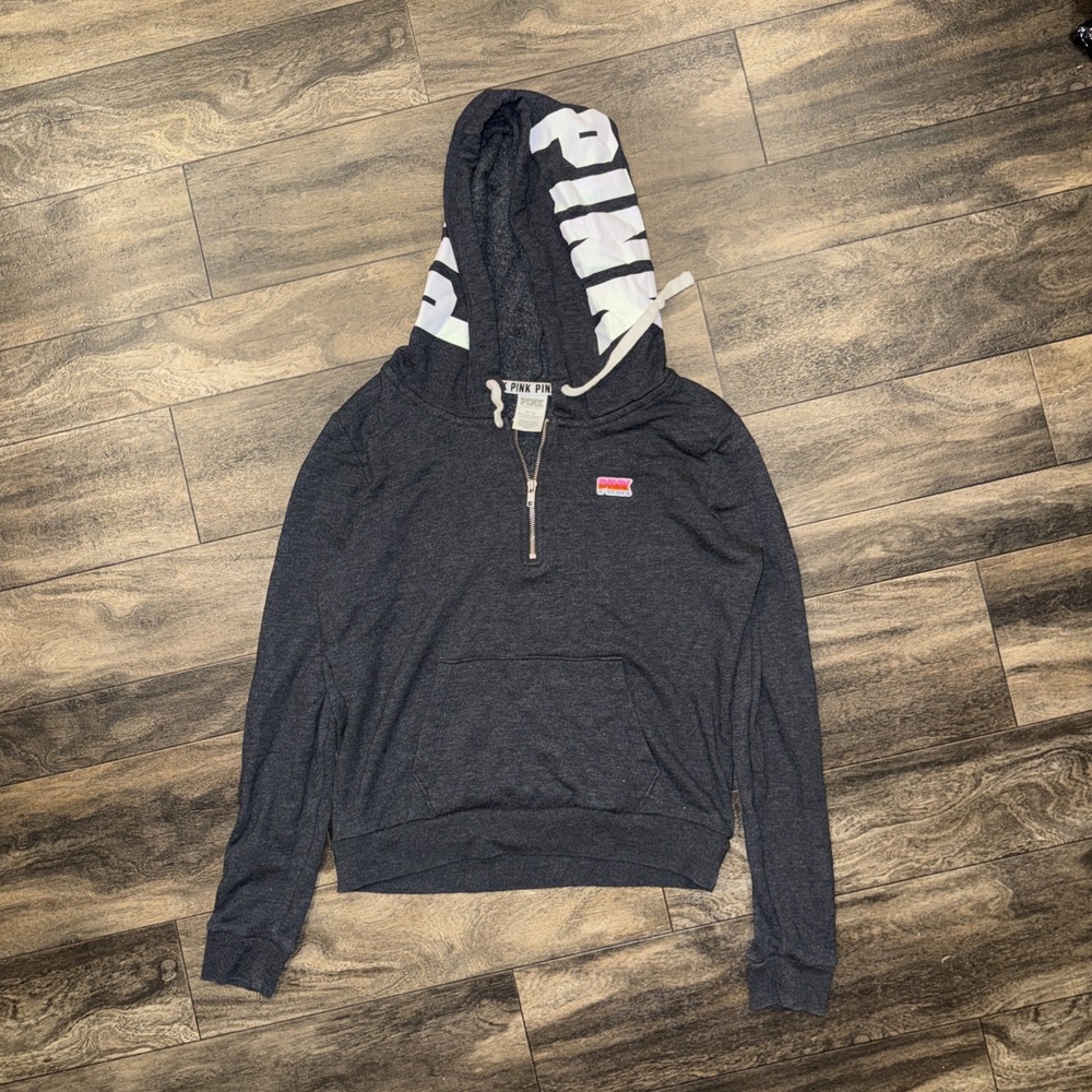 Victoria's Secret PINK Quarter-Zip Fleece Hoodie Women's Medium Dark Grey Logo
